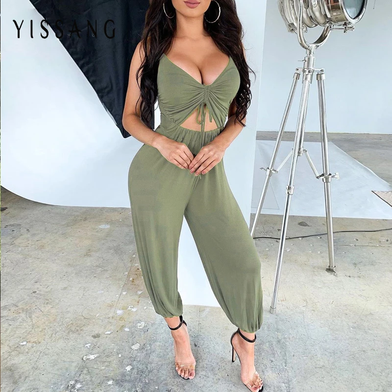 

Yissang Sexy Autumn Jumpsuit Rompers Women Overalls Deep V Neck High Waist Long Playsuit Hollow Out Elegant Jumpsuit Macacao