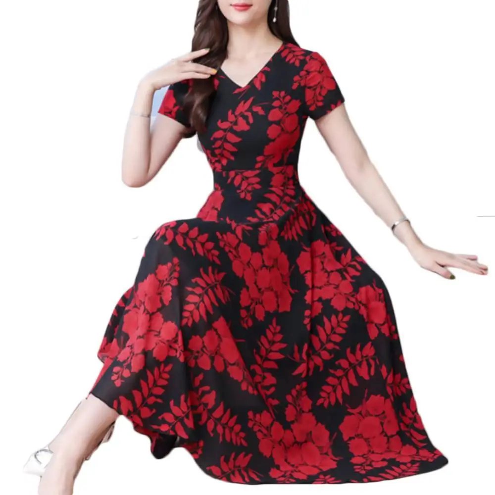 

Casual Lady Dresse Fashion Floral Print Tight Waist Large Swing V-Neck Short Sleeve Maxi Dress Summer elegant xxxl vestidos