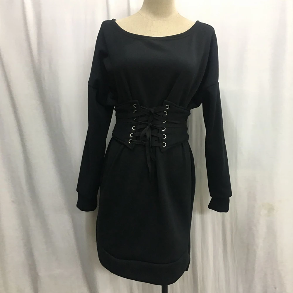 Однотонное платье-Толстовка, сексуальное женское мини-платье на одно плечо, зимнее приталенное платье с поясом, Повседневная Уличная одежда, vestidos D15 - Цвет: Черный