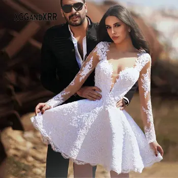 

Fashion Long Sleeve Lace White Short Wedding Dress 2020 Bride Dress vestido corto de novia Plus Size Bridal Gowns Plus Size