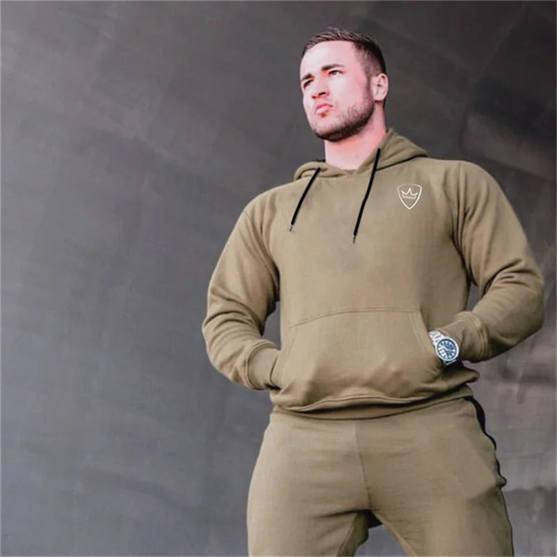 YEMEKE мужские осенние толстовки для тренировок фитнес футболка для бодибилдинга спортивные пуловеры мужские тренировки с капюшоном куртка одежда - Цвет: khaki