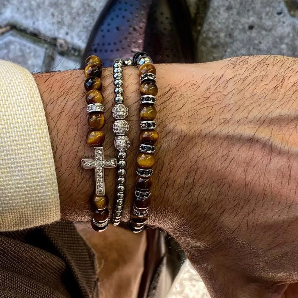 New Luxury CZ Pave Cross Charm Natural Stone Tiger Eye Beaded Macrame Friendship Adjustable Bracelet Set Men - Image 3
