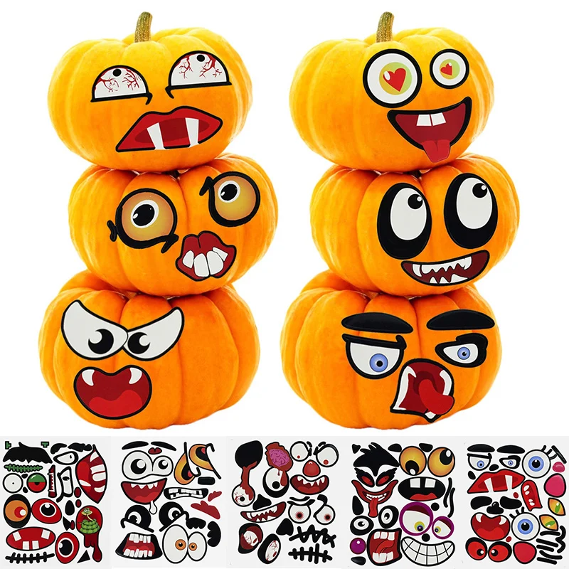 4pcs/set Halloween Decoration Pumpkin Expression Sticker Self-adhesive Funny Grimace Trick or Treat Party Decor Supplies | Дом и сад