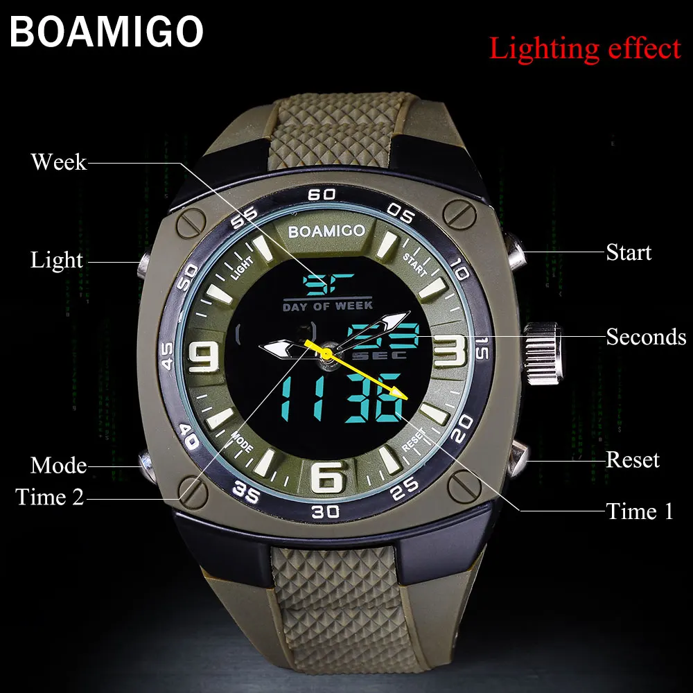 Мужские спортивные часы с двойным дисплеем, резиновые starp BOAMIGO, мужские цифровые аналоговые светодиодный наручные часы, водонепроницаемые Модные кварцевые часы reloj