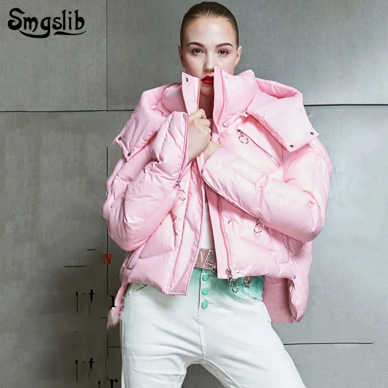 

2019 Winter women's down jacket zipper duck down Hooded streetwear pink black side high street Parkas warm short pocket coat