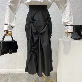 

Design Bandage Bow Skirt Women's 2020 Spring High-waist Slimming Medium-long A Line Skirts Black