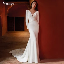

Verngo Elegant Stretch Satin Mermaid Wedding Dresses Long Sleeves 3D Flowers Sheer Neck Back Sweep Train Simple Bridal Gowns