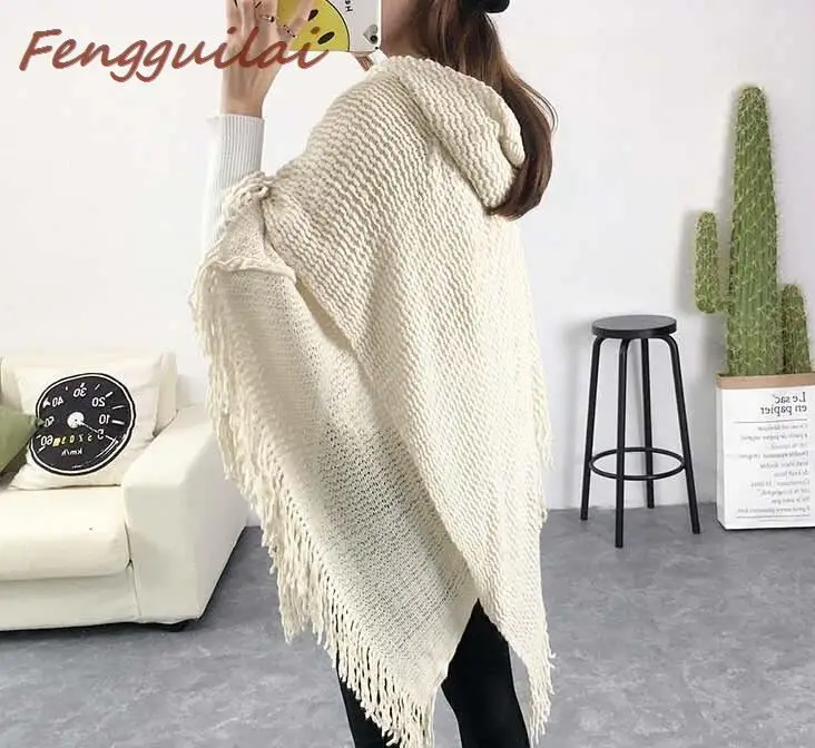 Retro Women Sweaters Tassel Sweater Coat Cloak Loose Knitted Shawl Cardigan Ladies Irregular Sweaters Autumn Winter Tops