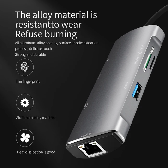 7-в-1 многопортовый концентратор Тип с разъемами типа C и USB3.0 HDMI устройство для чтения карт SD TF Ethernet адаптер DQ-капля
