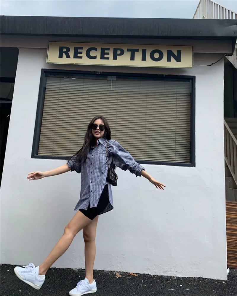 Kpop Blackpink JENNIE same korea женские клетчатые рубашки на пуговицах Осенние блузки с длинными рукавами офисная хлопковая рубашка повседневные свободные топы