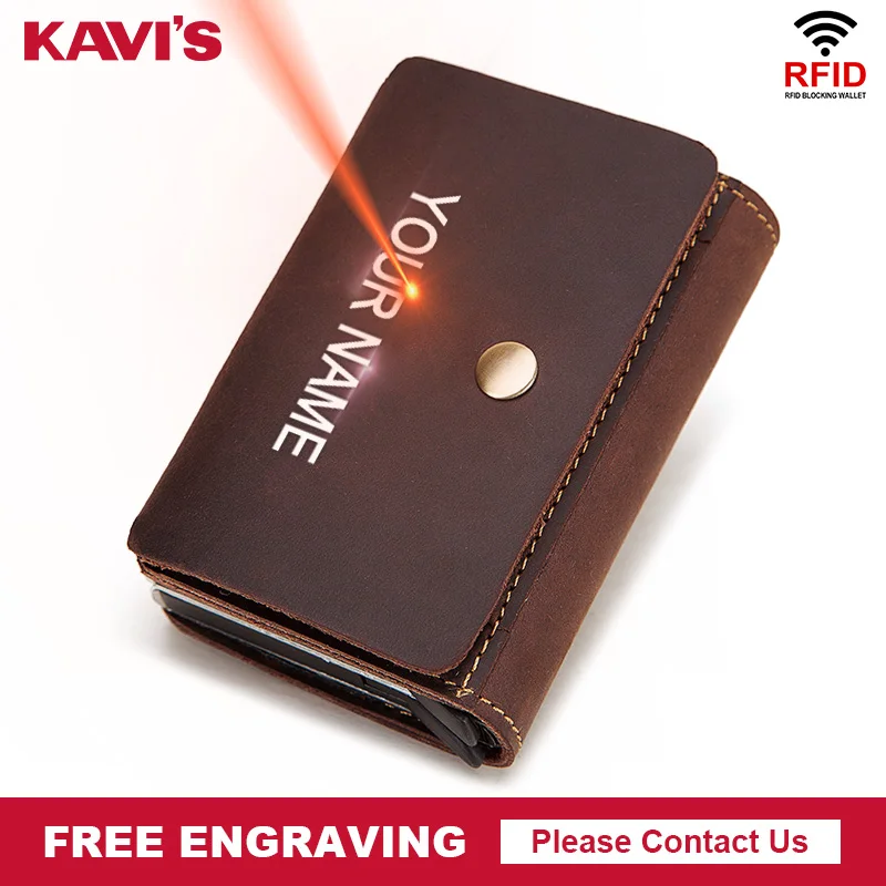 

KAVIS New Automatic Card Holder Genuine Leather Men ID Aluminum Card Wallets Case Coin Holder Male Mini Bag Free Engraving 2020