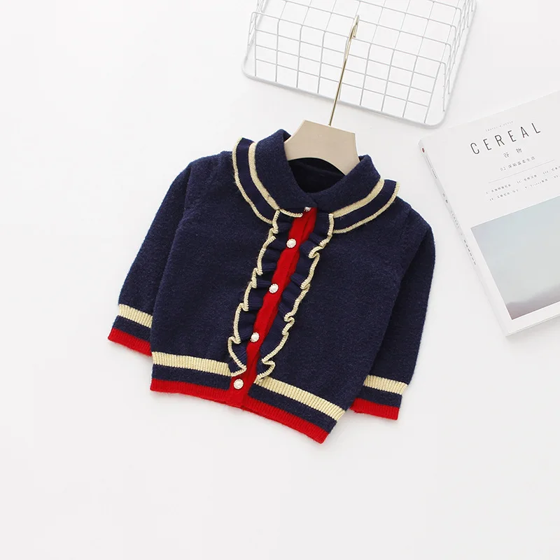 Fashion Baby Girls Sweater Coat With Ruffle Cotton Kids Cardigans For Girls Knitwear Kids Atumn Winter Clothes Children Coat - Цвет: Navy Blue