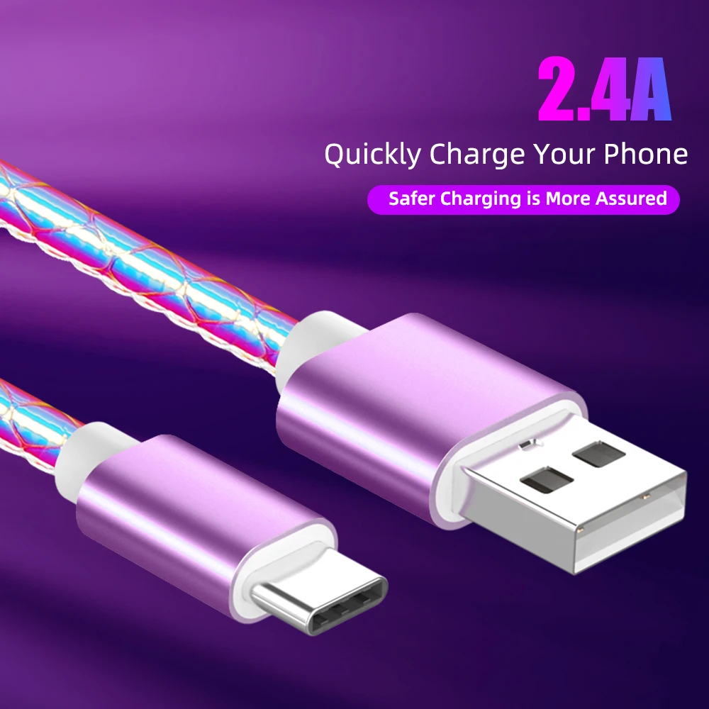 Цветной градиент USB кабель 2.4A для быстрой зарядки QC3.0 C Micro usb передачи данных Samsung