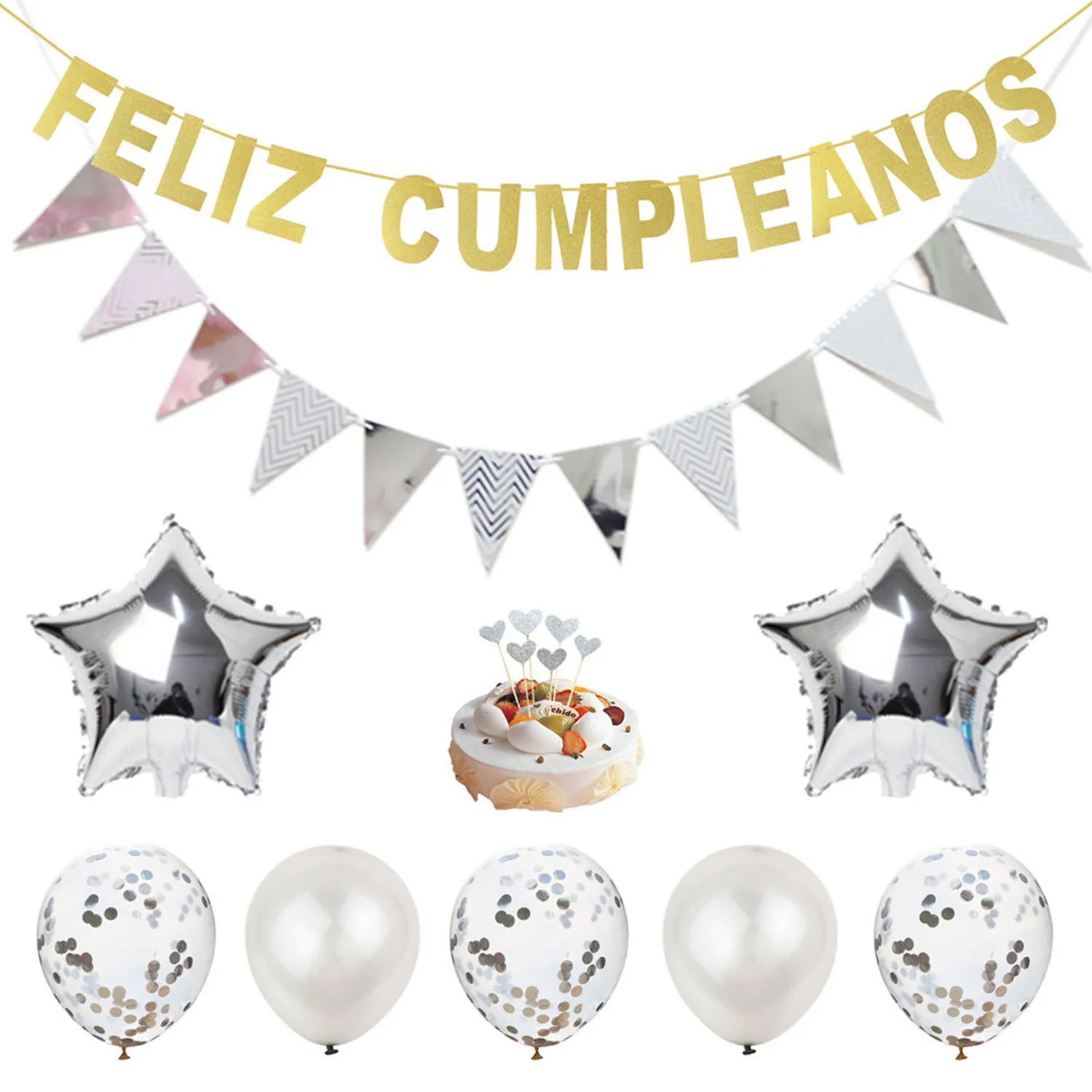 Besegad дети 15 шт. Feliz Cumpleanos день рождения баннер вымпел звезда латексные блестки воздушные шары Торт Топперы украшения набор игрушек - Цвет: Silver