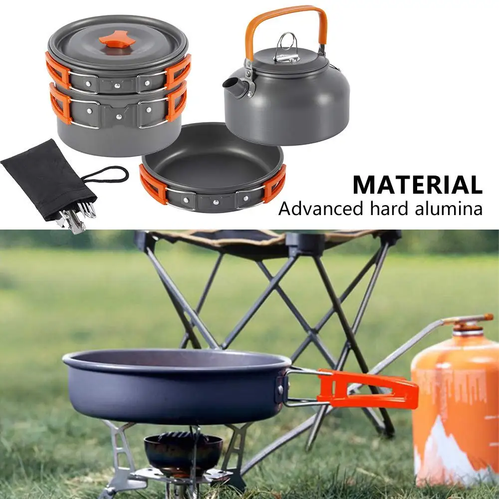 Camping Cookware Kit Outdoor Aluminum Cooking Set Water Kettle Pan Pot Travelling Hiking Picnic BBQ Tableware Equipment 5