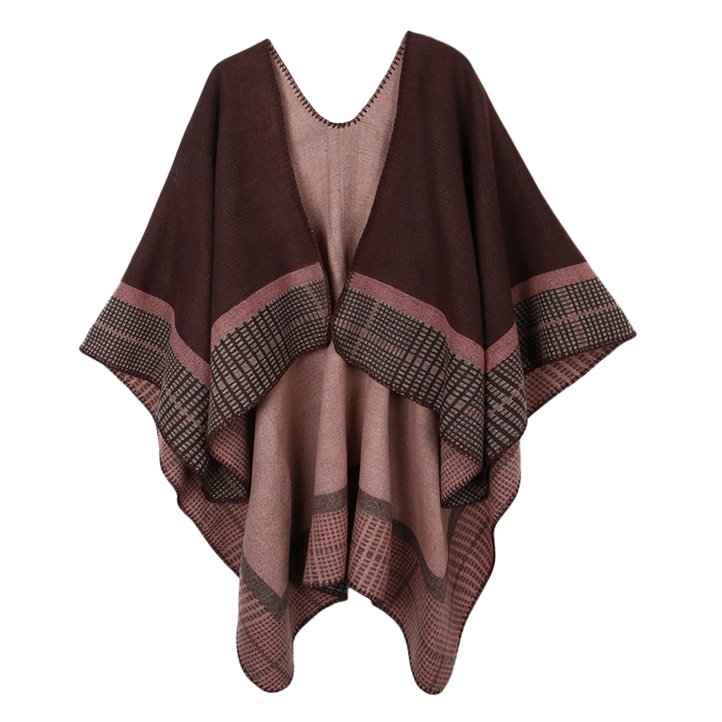 Женская клетчатая накидка, зимнее пончо, накидка, негабаритный открытый передний кардиган, свитер