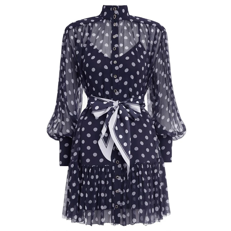 Navy TWOTWINSTYLE платье в горошек с бантом для женщин, стоячий воротник, рукав-фонарик, высокая талия, на шнуровке, платья для женщин, осень, новинка - Цвет: Navy
