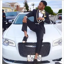 Синяя одежда для жениха на одной пуговице с золотой шалью с отворотом из двух предметов, свадебные смокинги на заказ, мужские костюмы, облегающий крой(пиджак+ брюки+ галстук