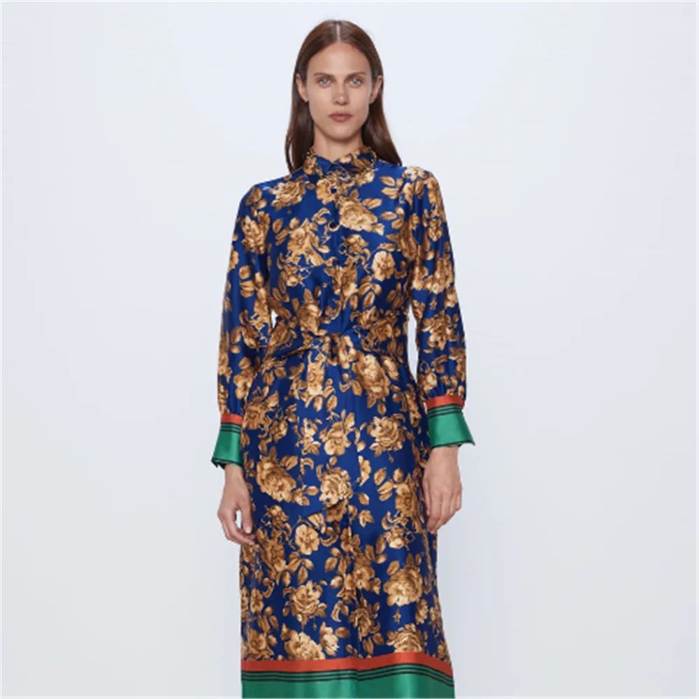 Женское платье рубашка с принтом ZA богемное вечернее миди отложным воротником и