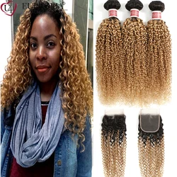 T1B/27 3 Bundles With Closure Ombre Blonde Brazilian Remy Human Hair Blonde Kinky Curly Bundles With 4x4 Lace Closure Euphoria