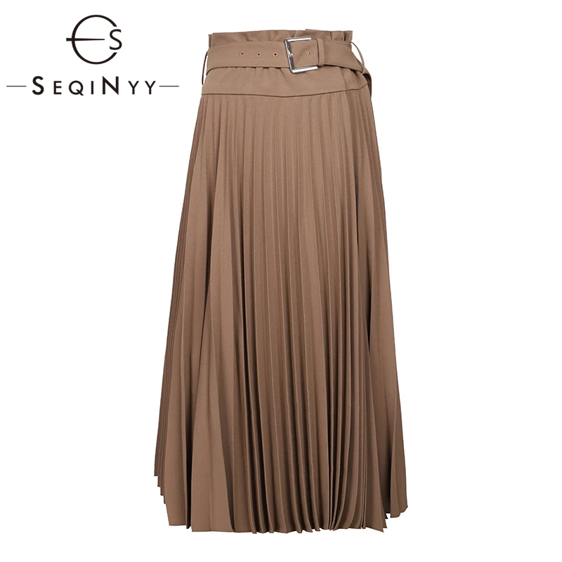 

SEQINYY High Quality Skirt 2020 Autumn Winter New Fashion Design Brown Pleated Women Long Skirt Belt