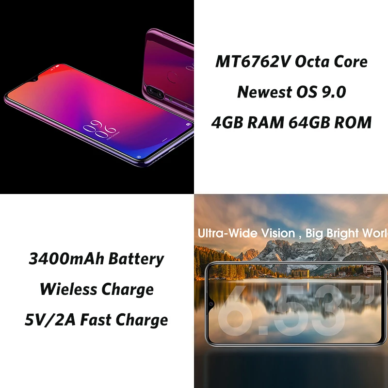 Elephone A6 MAX 6,53 ''Android 9,0 4 Гб 64 Гб MT6762V, смартфон, четыре ядра, 20MP отпечатков пальцев 5 V/2A 3400 мА/ч, 4G, OTG NFC мобильного телефона