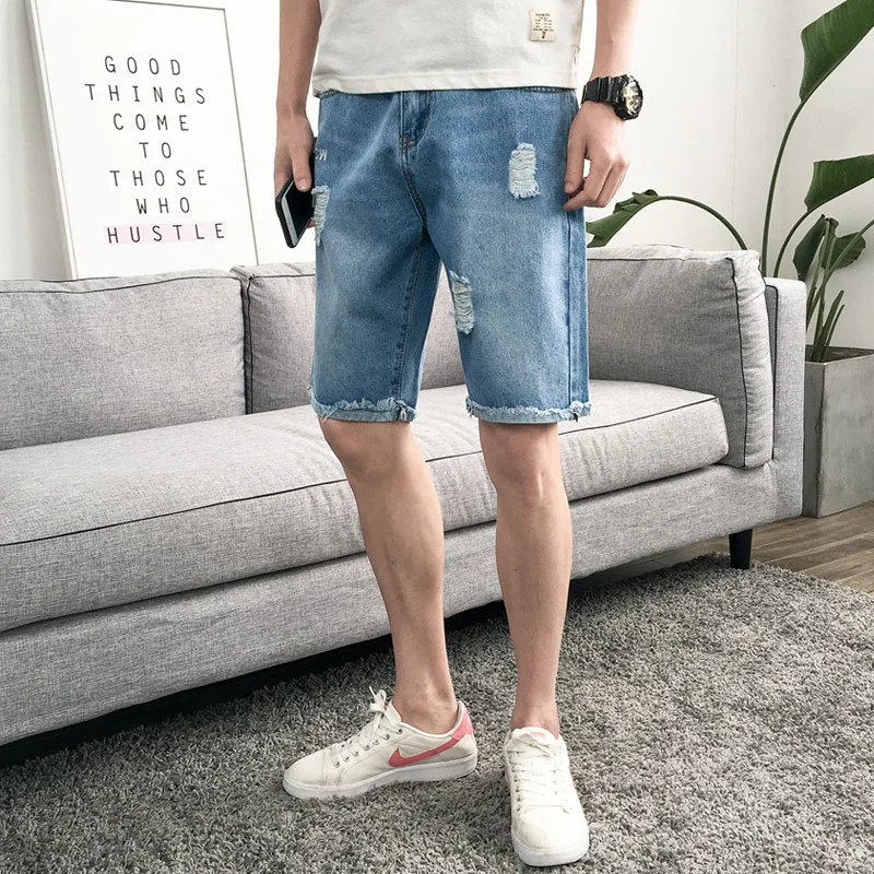 

Solid Loose Plus Size Shorts Jeans Men Fashion Casual Knee Length Denim Pants Men Hole Jean Hombre