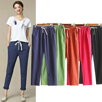 

2020 Lace Up Summer Pants Women Sweatpants Pantalon Femme Candy Colors Cotton Linen Harem Pants Casual Plus Size Trousers Women