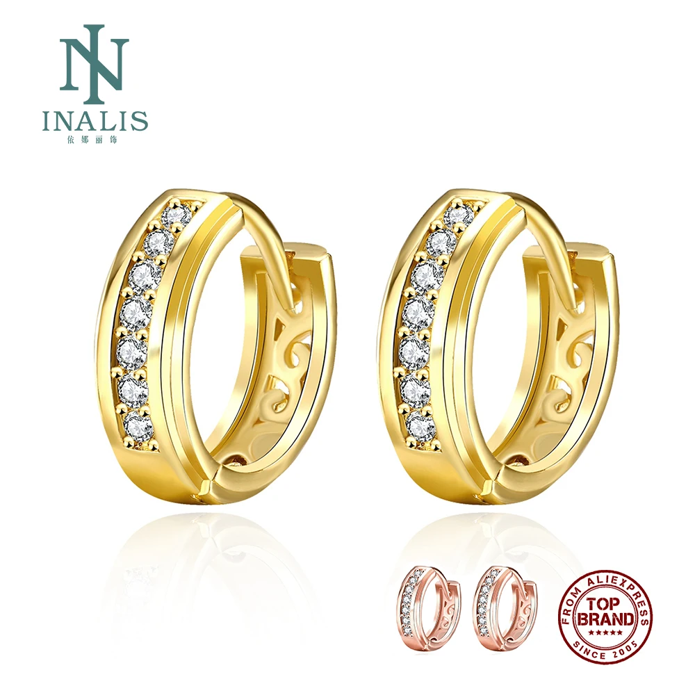 INALIS 2 Colors Earrings For Women Round Inlaid Cubic Zirconia Copper Stud Earring Trendy Female Fashion Jewelry Girlfriend Gift | Украшения