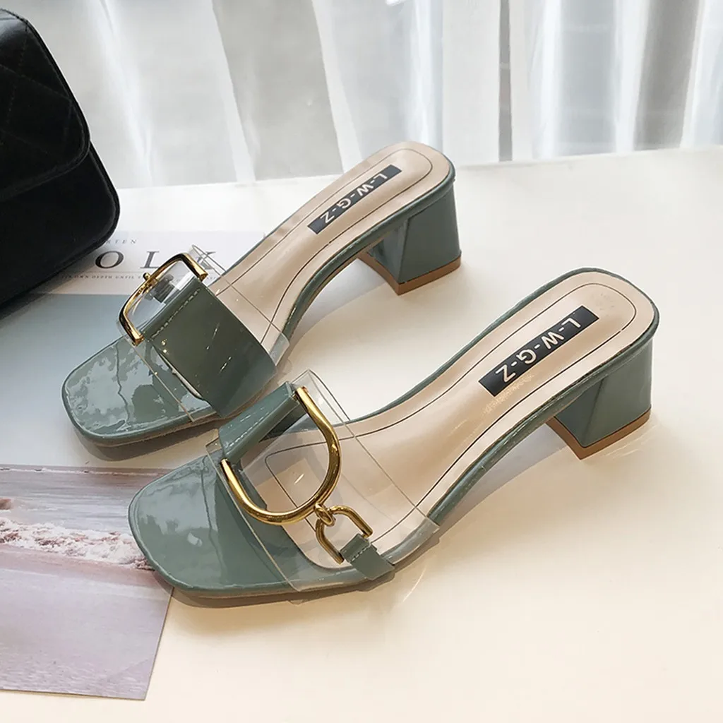 Fashion Slip-on Sexy Slippers Women Square Toe High Heels Transparent Sandals Classic Lady Comfort Shoes Woman Slides Summer | Обувь