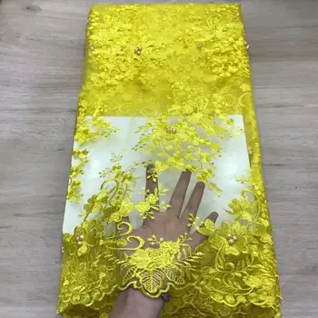 

Yellow Fashion African Lace Fabric 2019 High Quality French Mesh Lace Fabric with Beads Nigerian Swiss Lace Fabric For Dress