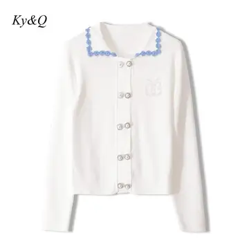 

2020 High Quality Long-sleeved Lapel Balck White Autumn Butterfly Beaded Pearl Button Sweater Cardigan Female Jacket Vestidos