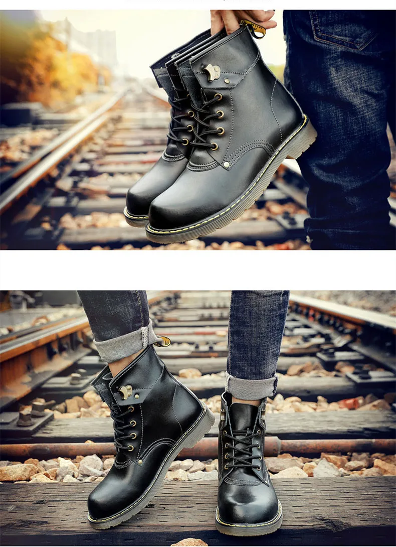 Brand Cowhide Split Autumn Winter Warm Fur Vintage Motorcycle Boots Male Riding Shoes Men Snow Ankle High Top Men's boots