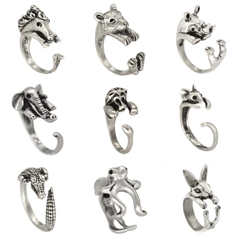 

Kinitial Antique Womens Animal Retro Ring Punk style Silver Plated Rings for Women Wrap Animal Dog Mouse Horse Cat Rings Bijoux