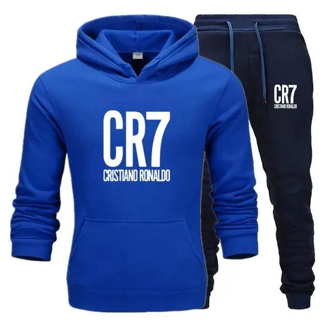 blue and navy-B Мужской спортивный костюм, зимний флисовый капюшон CR7, куртка с принтом+ штаны, толстовка, мужской комплект из 2 предметов, толстовки, спортивный костюм, пальто - Цвет: blue and navy-B