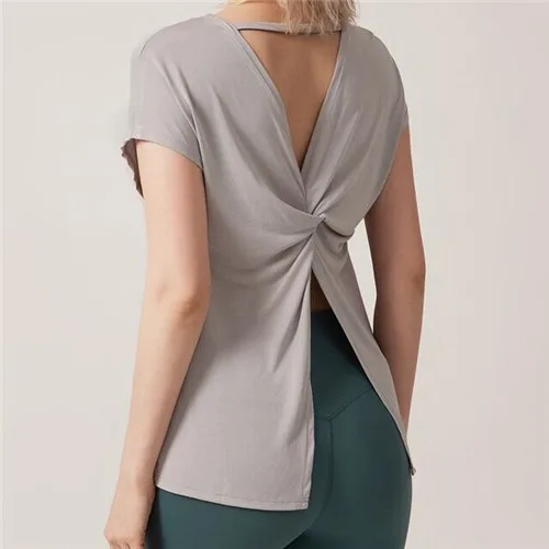 Light Gray Укороченный Топ для женщин, рубашки для йоги с коротким рукавом, летние сексуальные фитнес свободные танцевальные майки, спортивные тренировки для бега, спортивные топы, спортивная одежда - Цвет: Light Gray