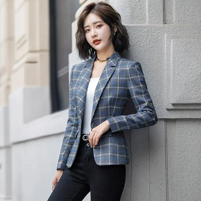 Gray plaid suit Клетчатые женские костюмы размера плюс 3XL, весенний Блейзер, женский костюм, верхняя одежда, облегающие Модные женские блейзеры - Цвет: Gray plaid suit