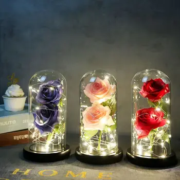 

Valentine's Day New Double Rose Flower Light LED String In Glass Dome On Wooden Base Romantic Gift For Women Home Office Decor