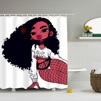 

Waterproof Bathroom Shower Curtains/Drape/Panels/Treatment Girl with Black Hair Cartoon