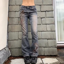 Jean taille basse Y2K pour femmes, pantalon brodé Grunge Cargo, rétro, esthétique, Streetwear, mode mignon 