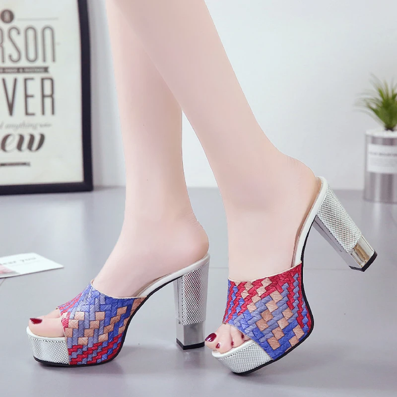 

New Summer Flat Platform Slippers Women Shoes Woman Slippers Nice Super Square High Heels Peep Toe Party Sexy Shoes Female