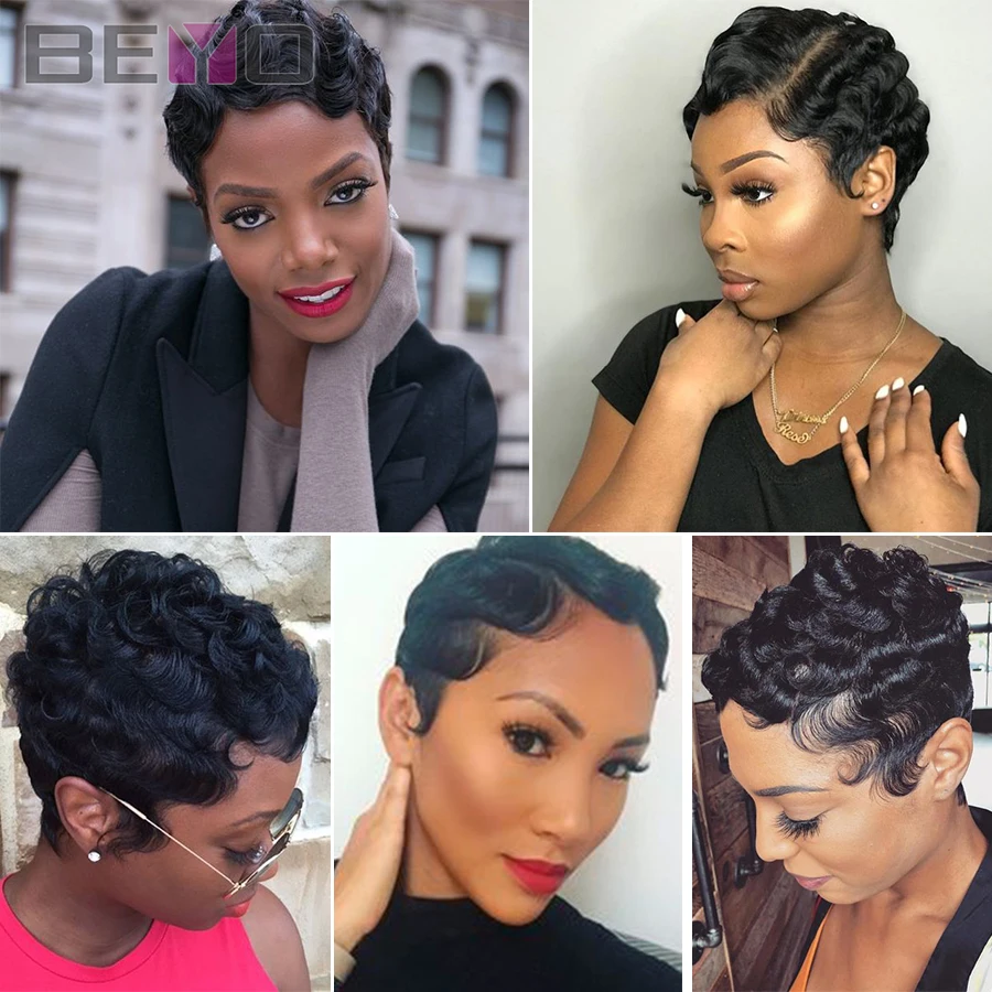 Бразильский парик Pixie Cut Finger Wave Короткие парики из человеческих волос