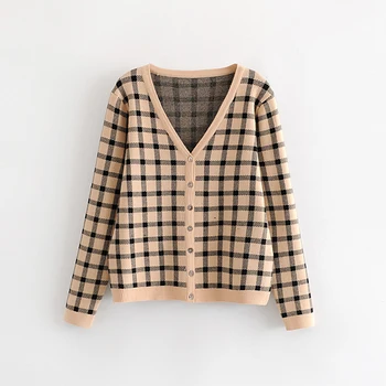 

2019 New Design Women Autumn Knitted Sweater Plaid Breasted Buttons Female Ladies Cardigan