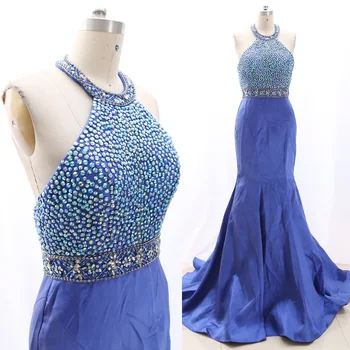 

MACloth Blue Mermaid Halter Floor-Length Long Crystal Satin Prom Dresses Dress M 267976 Clearance
