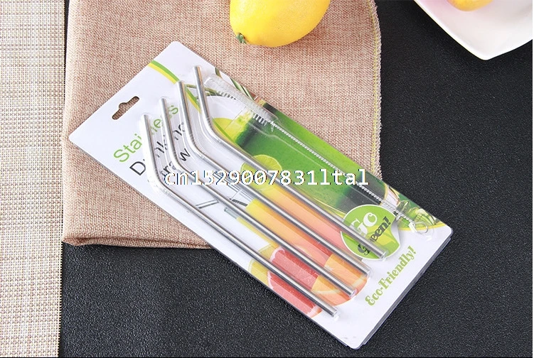 100sets 4+1/set Reusable 8.5 10.5 inch Straight/Bent 304 Stainless Steel Metal Drinking Straw With Clean Brush For 20oz/30oz Mug