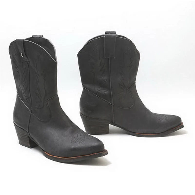 MCCKLE/женские классические ковбойские ботинки с вышивкой в западном стиле женские ботинки до середины икры на среднем каблуке без застежки женская обувь женские ботинки