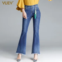 Новые женские модные Стрейчевые джинсы, женские Необычные узкие расклешенные джинсы, синие летние брюки размера плюс с высокой талией от S до 5XL