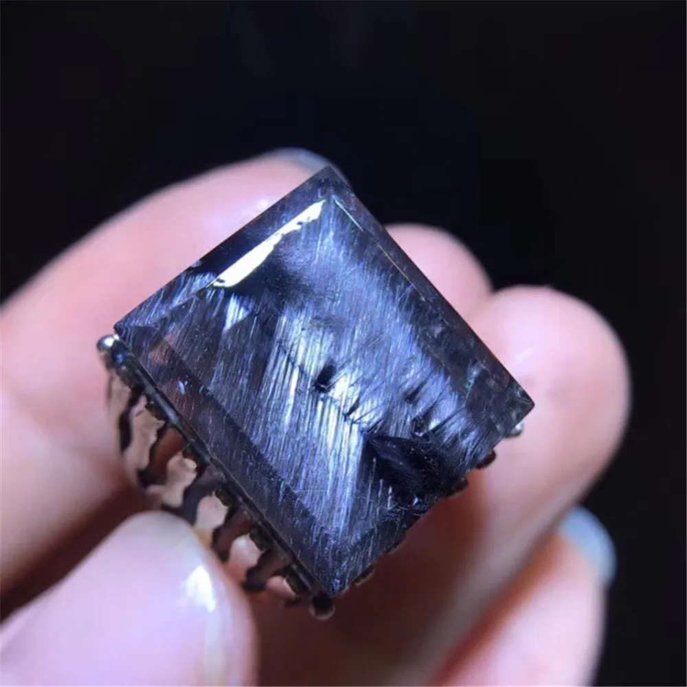 

100% Natural Silver Brookite Rutilated Quartz Ring For Women Men 17.5x14.8mm Lucky Stone Crystal Adjustable Ring Jewelry AAAAA