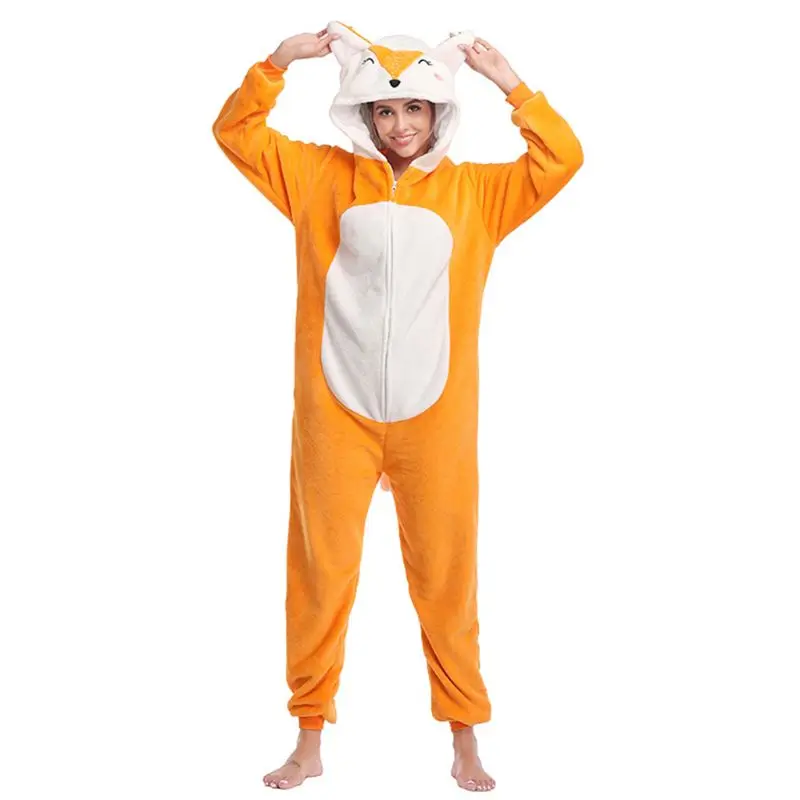 

Women Cute Fox Animal Costume One Piece Zip Up Hooded Pajamas Flannel Sleepwear
