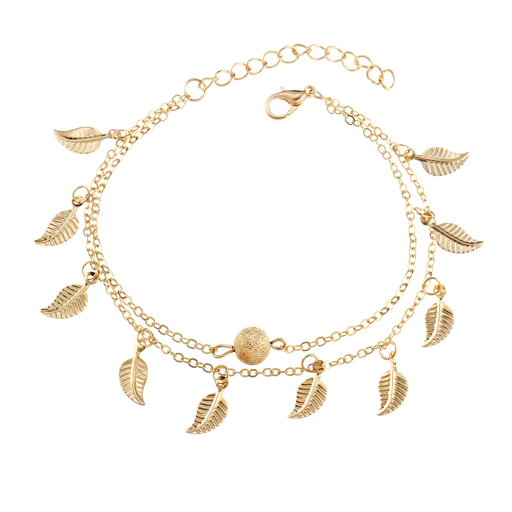 

Europe And America Cross Border Foreign Trade jiao shi pin Beach-Double Layer Retro Anklet Tassels Small Leaves Bracelets Wholes